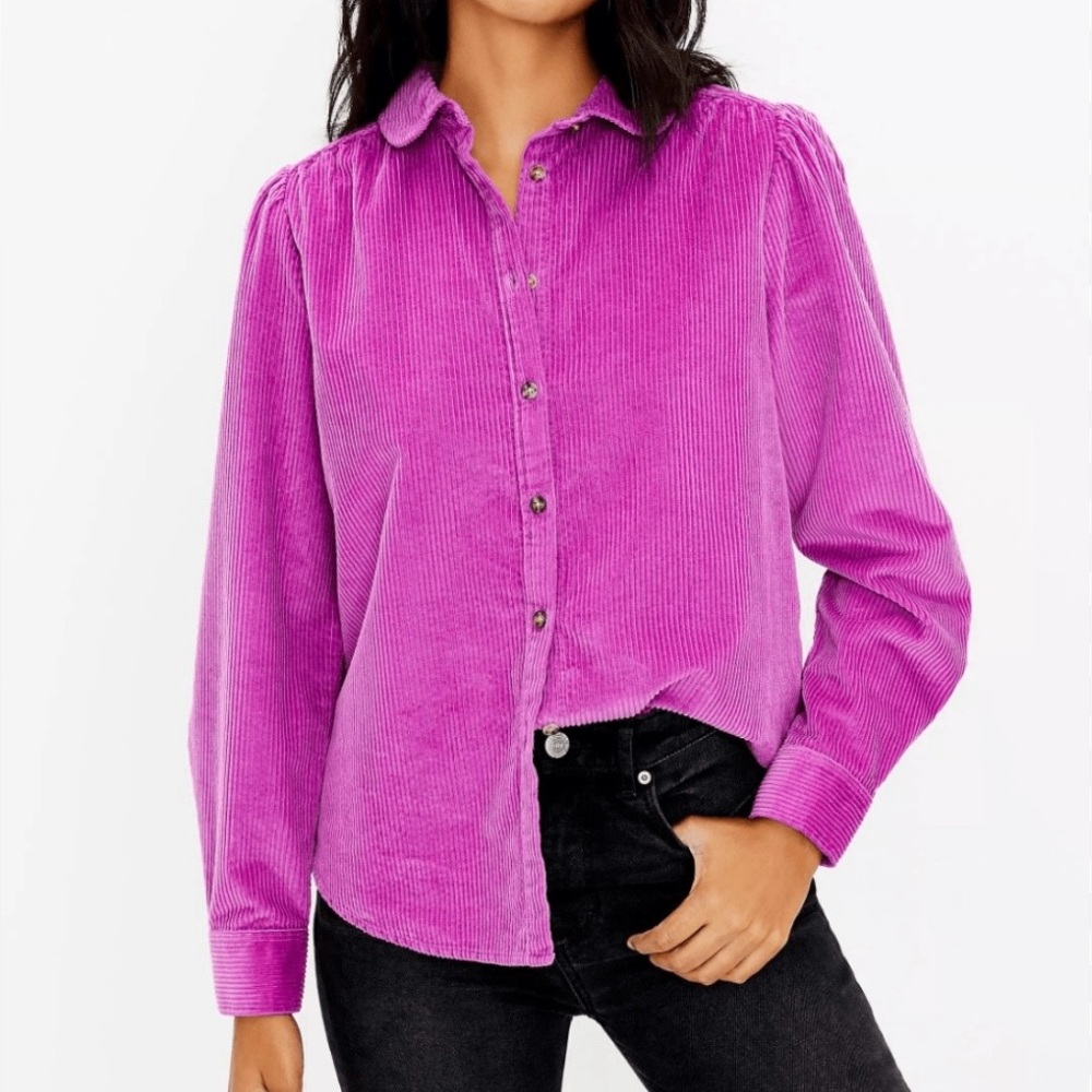 LOFT PINK CORDUROY SHACKET PUFF SLEEVE SHIRT, Size MEDIUM •LIKE NEW•